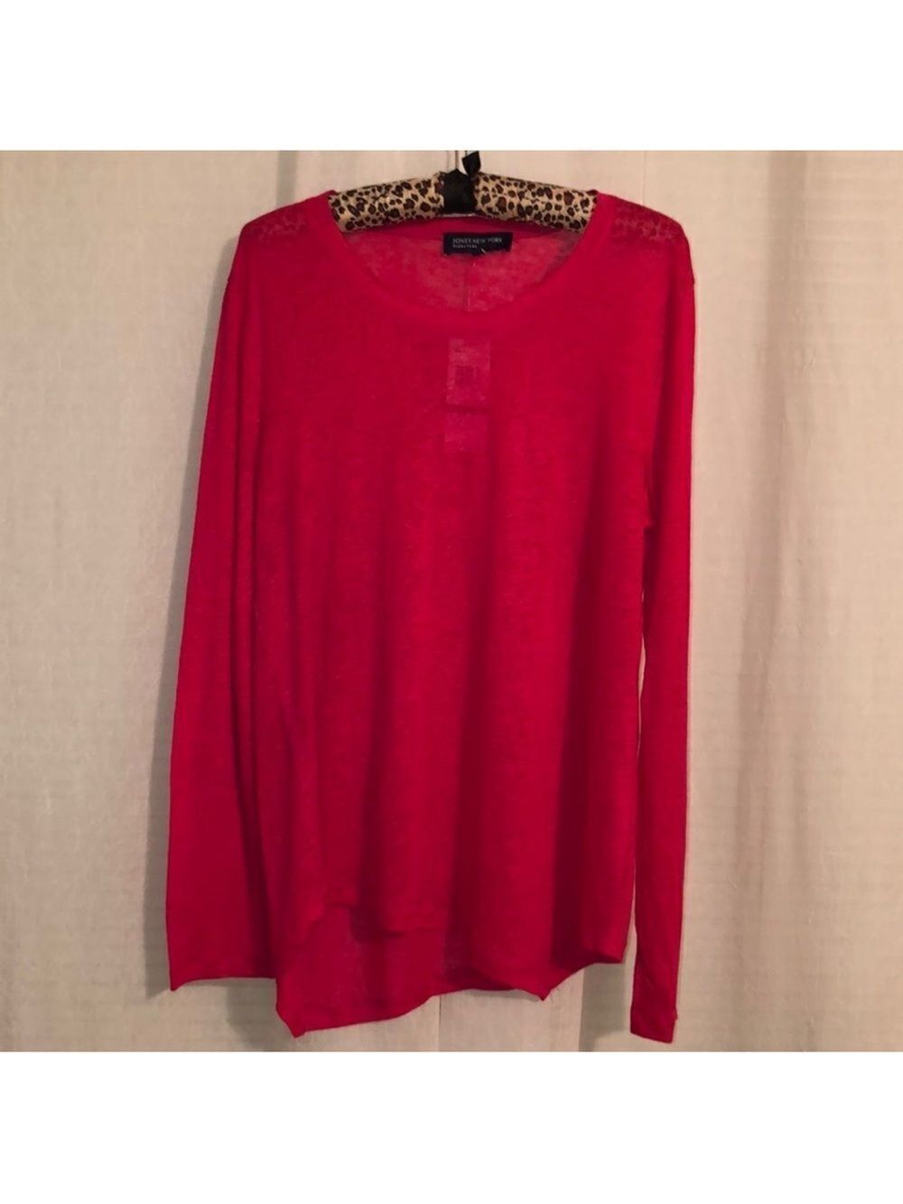 Jones NY Signature L Crewneck Asymmetrical Sheer Long Sleeve Light Knit Top